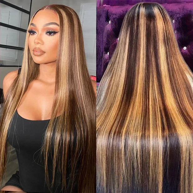 P4/27  Highlight 100% Vietnamese Human Hair 13x6  Long Straight Lace Front Wig, Natural Hairline,  10-32 Inch
