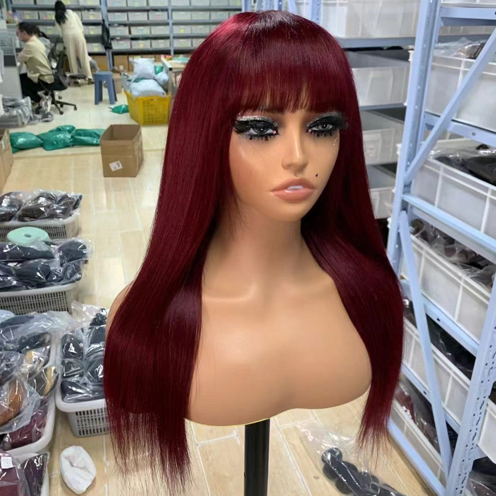 Burgundy Straight Human Hair Wigs with Bangs
