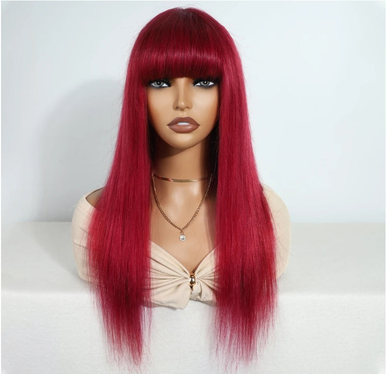 Red Color Straight Human Hair Wigs with Bangs