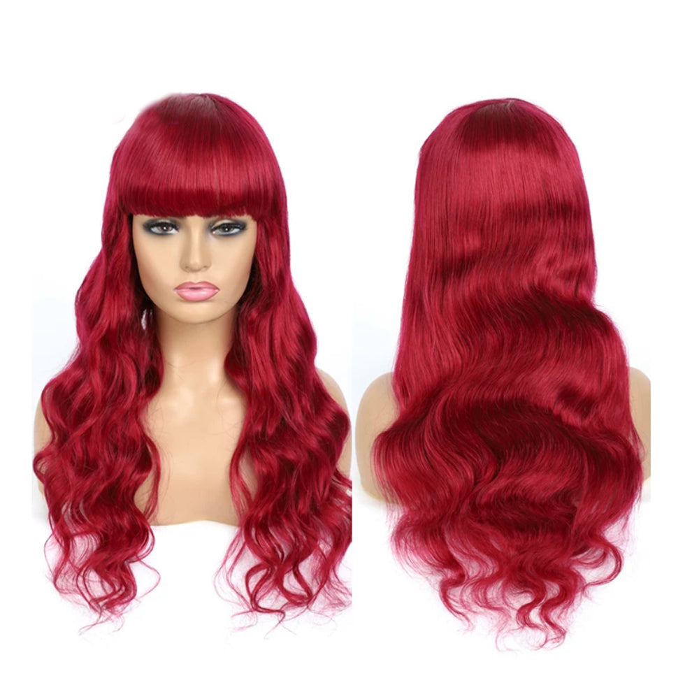 Red Color Body Wave Human Hair Wigs with Bangs