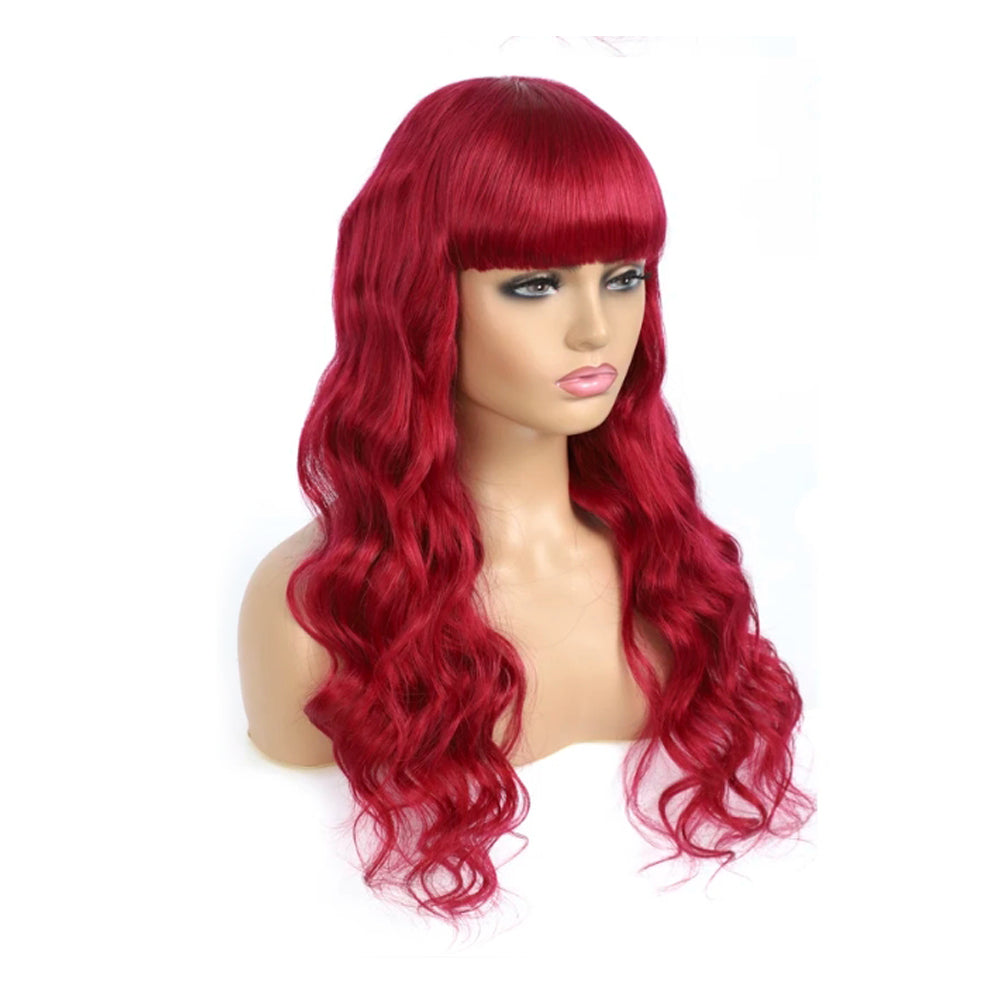 Red Color Body Wave Human Hair Wigs with Bangs