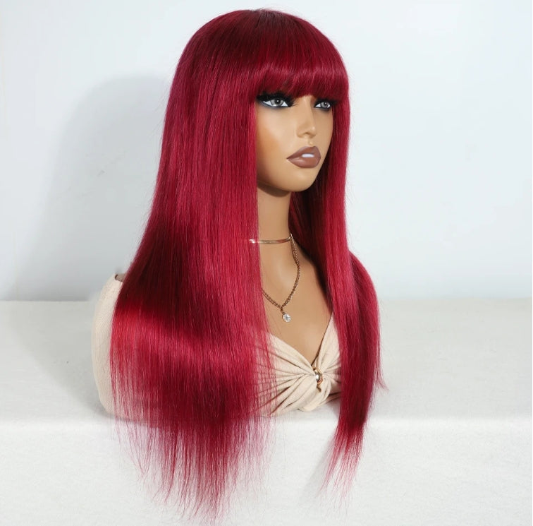 Red Color Straight Human Hair Wigs with Bangs
