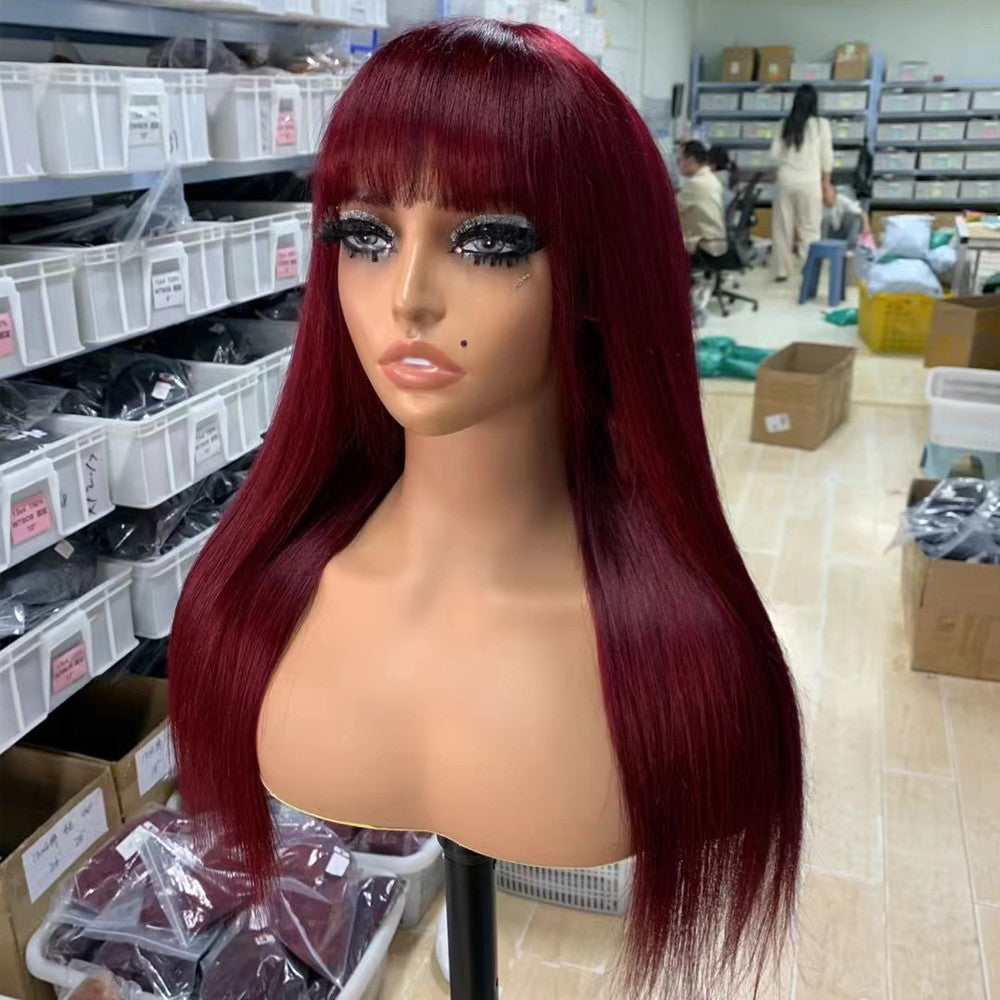 Burgundy Straight Human Hair Wigs with Bangs