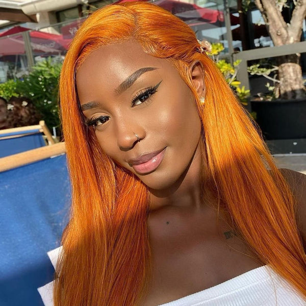 #350 Ginger Orange Long Straight Human Hair 13x6 Lace Frontal Hair Wigs