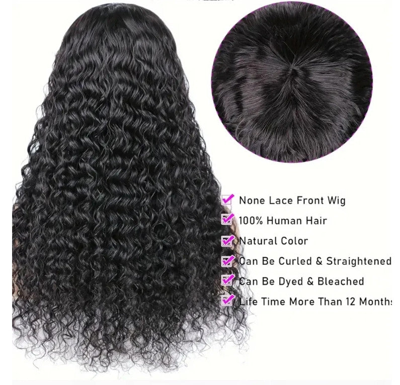 Natural Black Color Water Wave Human Hair Wigs with Bangs