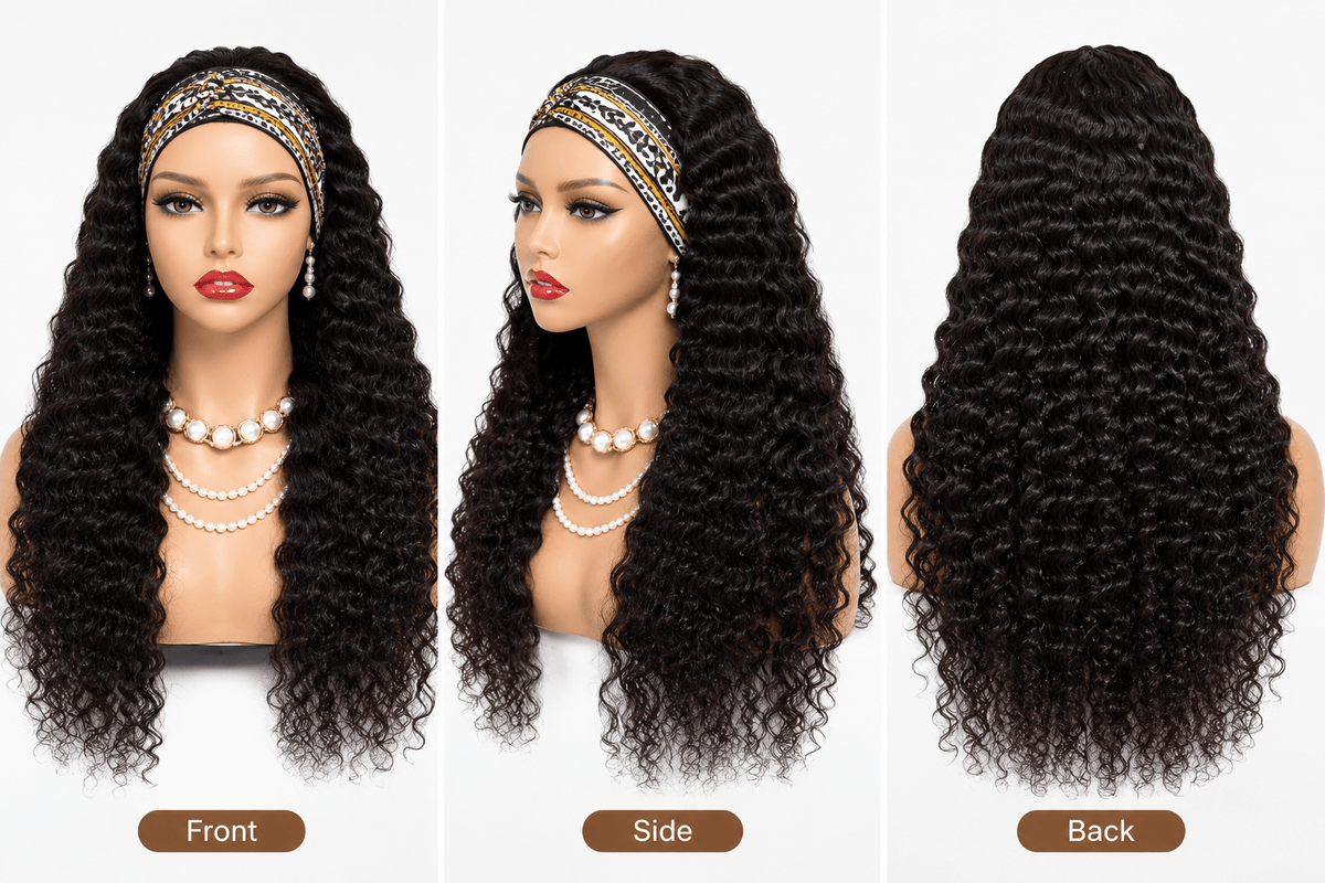 Brazilian Deep Wave Virgin Human Hair Headband Wigs Natural Black Color