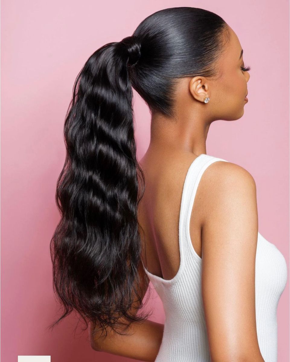 Jet Black Natural Wave Drawstring Ponytail Human Hair Extensions, Breathable Mesh Net Ponytail Hair Piece for African American Women
