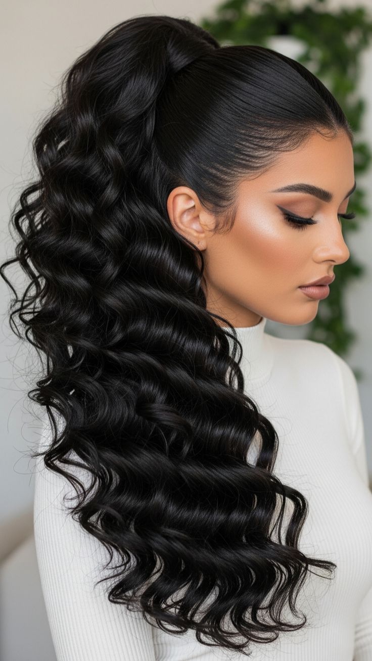 Jet Black Deep Wave Drawstring Ponytail Human Hair Extensions, Breathable Mesh Net Ponytail Hair Piece for African American Women
