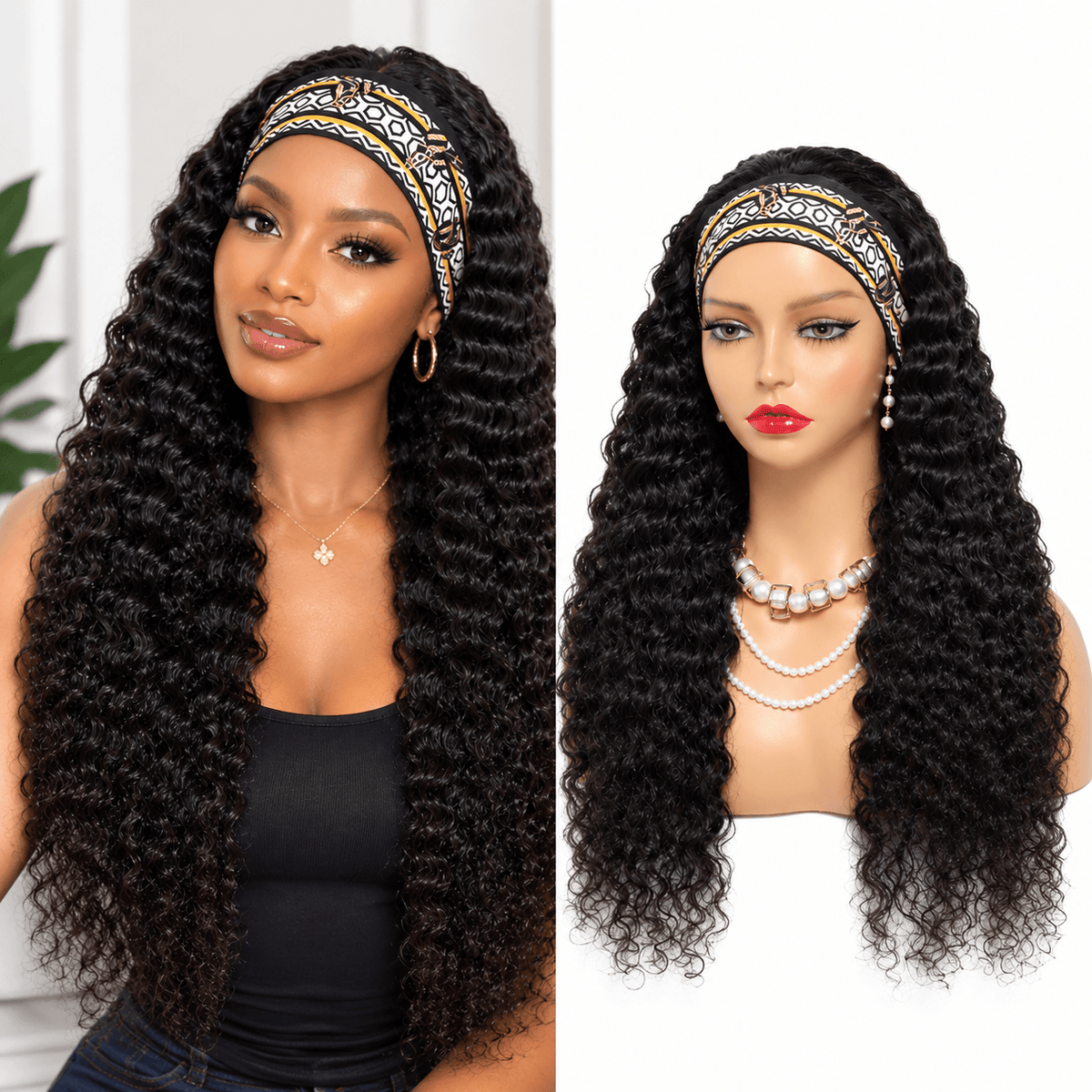 Brazilian Deep Wave Virgin Human Hair Headband Wigs Natural Black Color