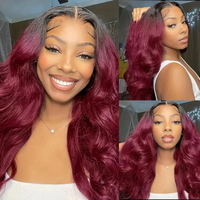 T1b/99J Ombre Burgundy Body Wave Human Hair 13x4 Lace Frontal Wig