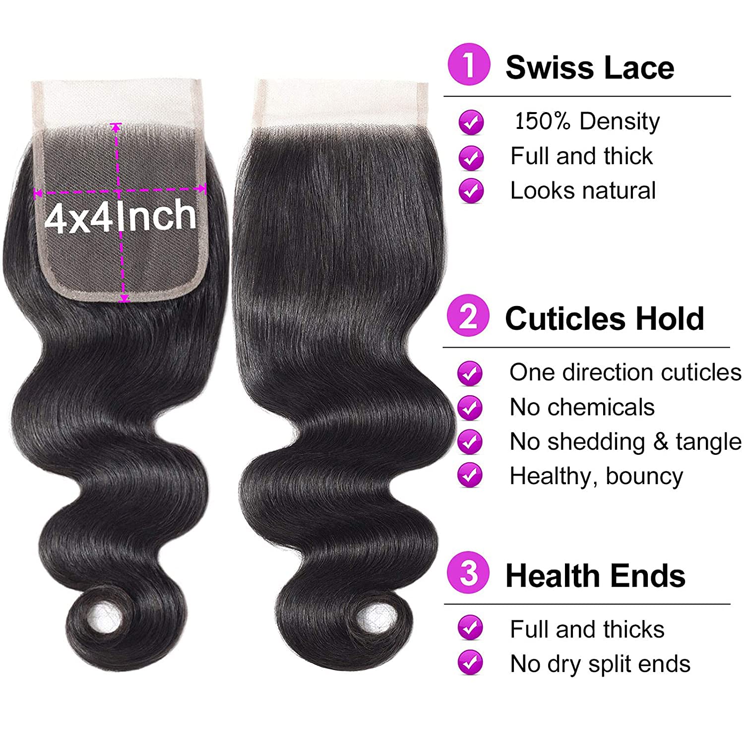 Natural Black Body Wave 4x4 Lace Closure Human Hair, Transparent Multi-Part Lace Closure Virgin Hair For Black Women
