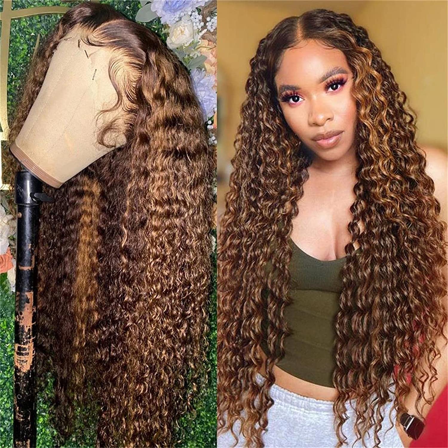 #P4/27 Highlight Kinky Curly Human Hair 13x4 Transparent Lace Frontal Wigs with Baby Hair Pre-Plucked