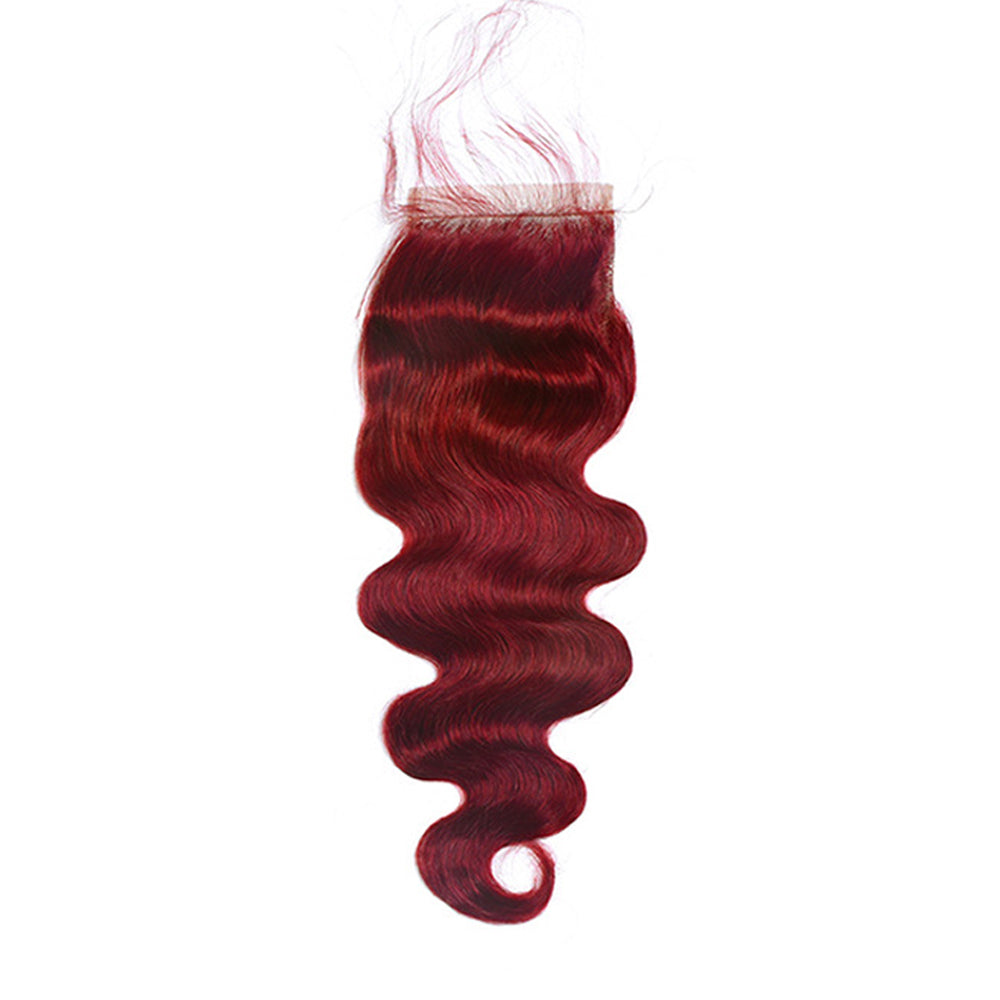Burgundy Red Body Wave 4x4 Lace Closure Human Hair, Transparent Multi-Part Lace Closure Virgin Hair For Black Women