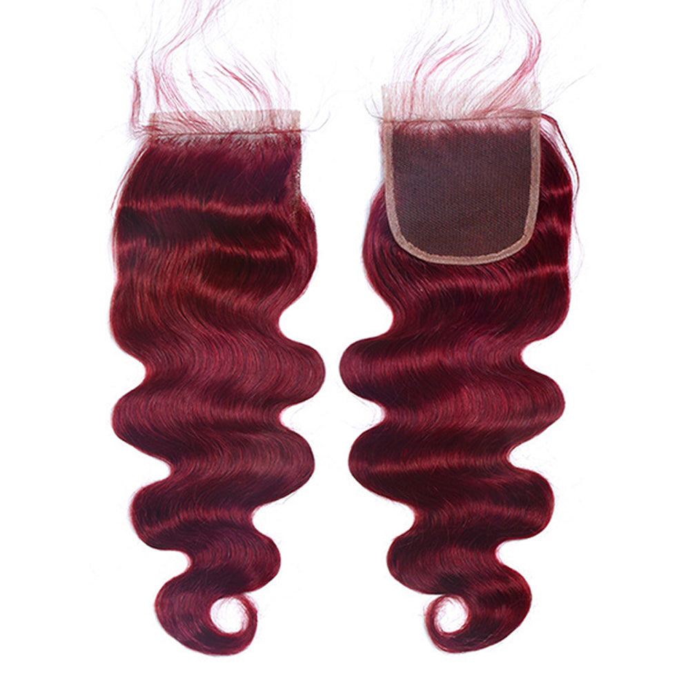 Burgundy Red Body Wave 4x4 Lace Closure Human Hair, Transparent Multi-Part Lace Closure Virgin Hair For Black Women