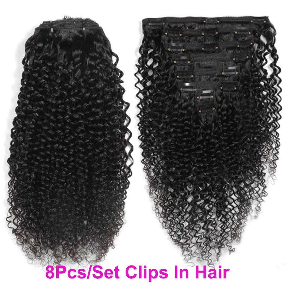 Brazilian Kinky Curly Human Hair Clip In Hair Extensions 8Pcs/Set