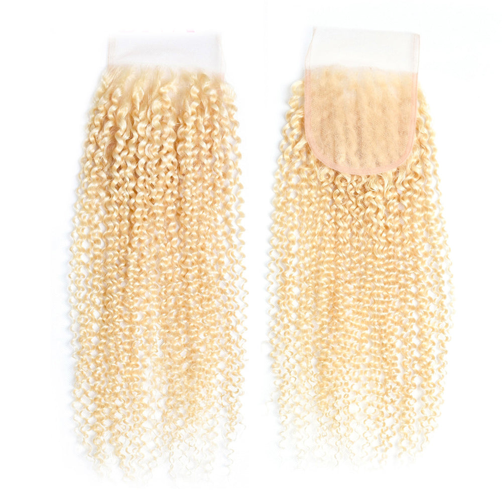 613 Blonde Kinky Curly 4x4 Lace Closure Human Hair, Transparent Lace Closure Virgin Hair For Black Women