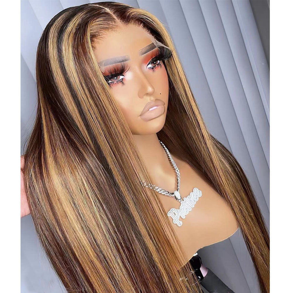P4/27 Highlight Straight Human Hair 13x4 Transparent Lace Frontal Wigs with Baby Hair Pre-Plucked