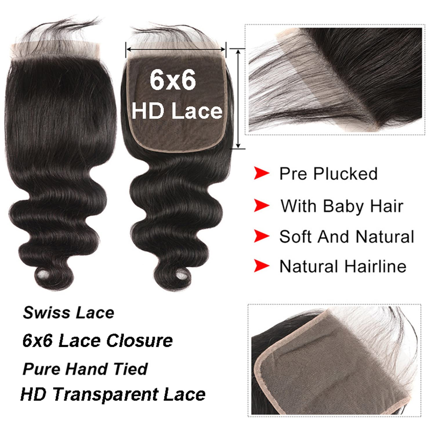 6x6 HD Lace Closure #1b Natural Black Color Top Swiss Invisible Lace with Baby Hair