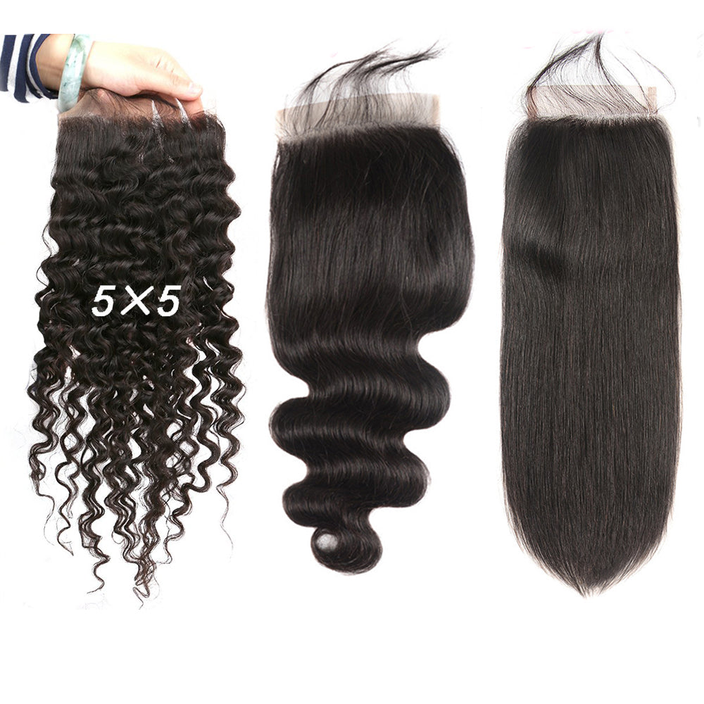 5x5 Transparent Lace Closure #1b Natural Black Color Top Swiss Invisible Lace with Baby Hair