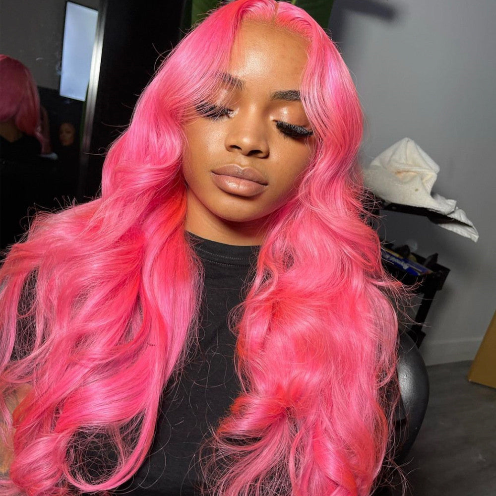 Pink Color Body Wave Human Hair 13x4 Transparent Lace Front Wigs Pre-Plucked 150% Density