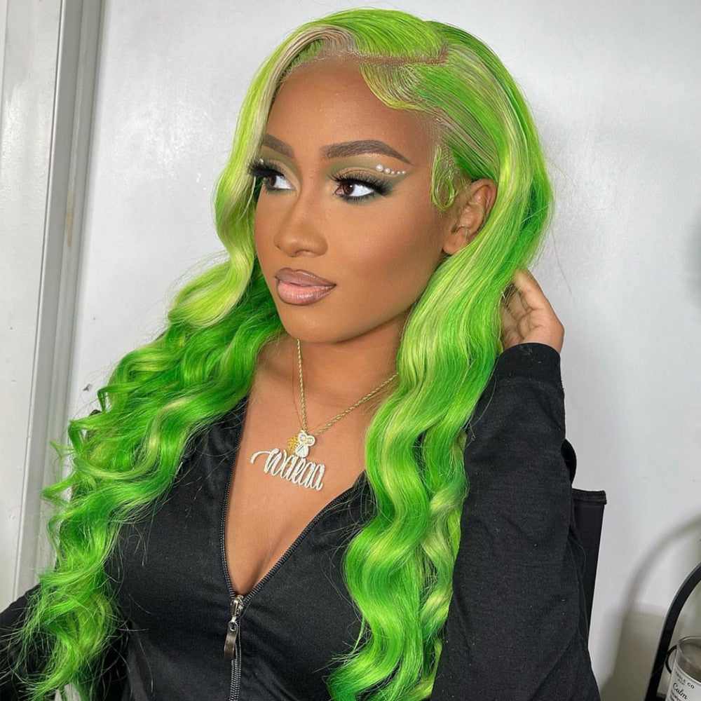 Mint Green Color Body Wave Human Hair 13x4 Transparent Lace Front Wigs Pre-Plucked 150% Density