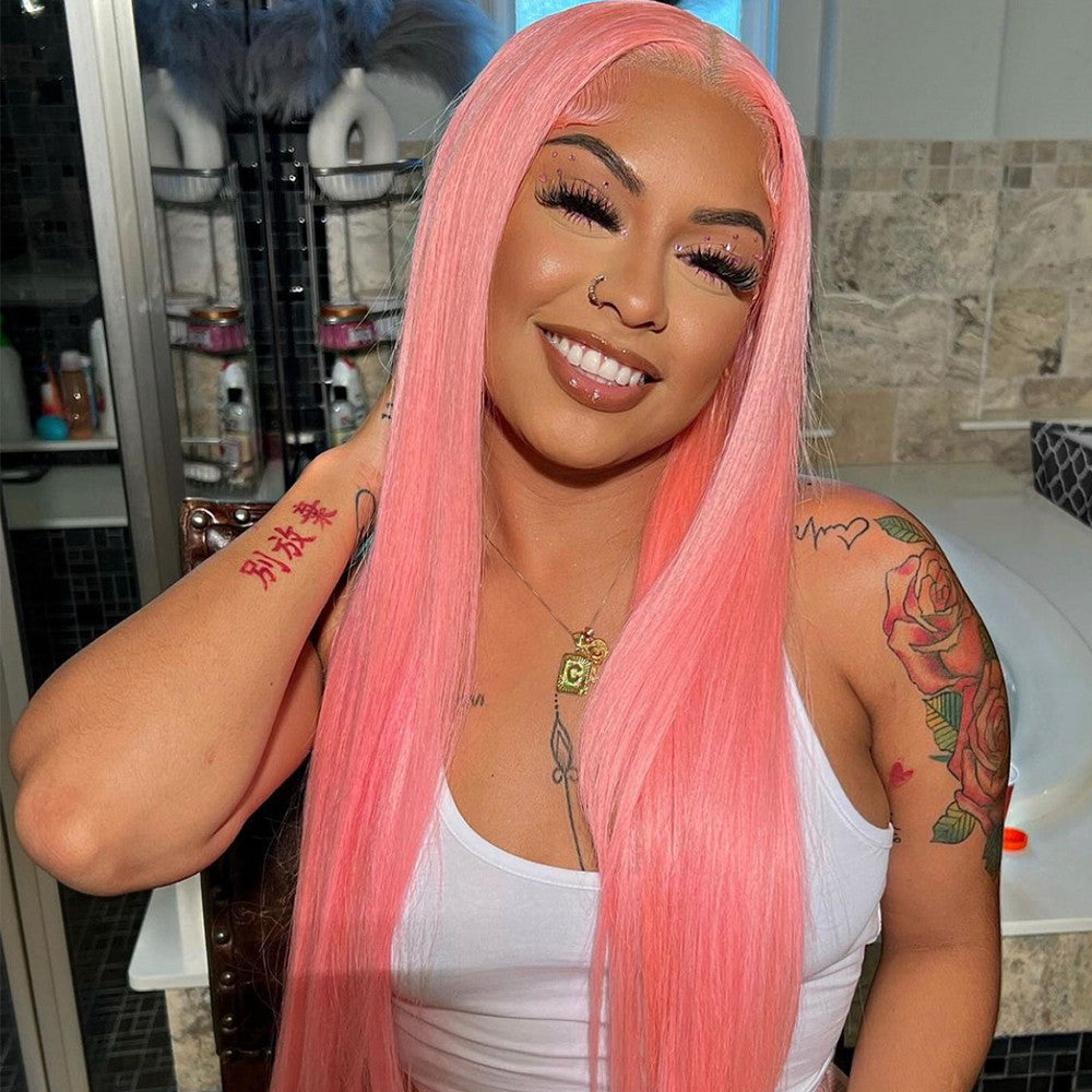 Light Pink Color Straight Human Hair 13x4 Transparent Lace Front Wigs Pre-Plucked 150% Density