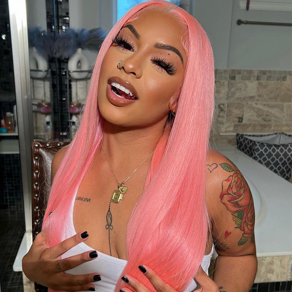Light Pink Color Straight Human Hair 13x4 Transparent Lace Front Wigs Pre-Plucked 150% Density