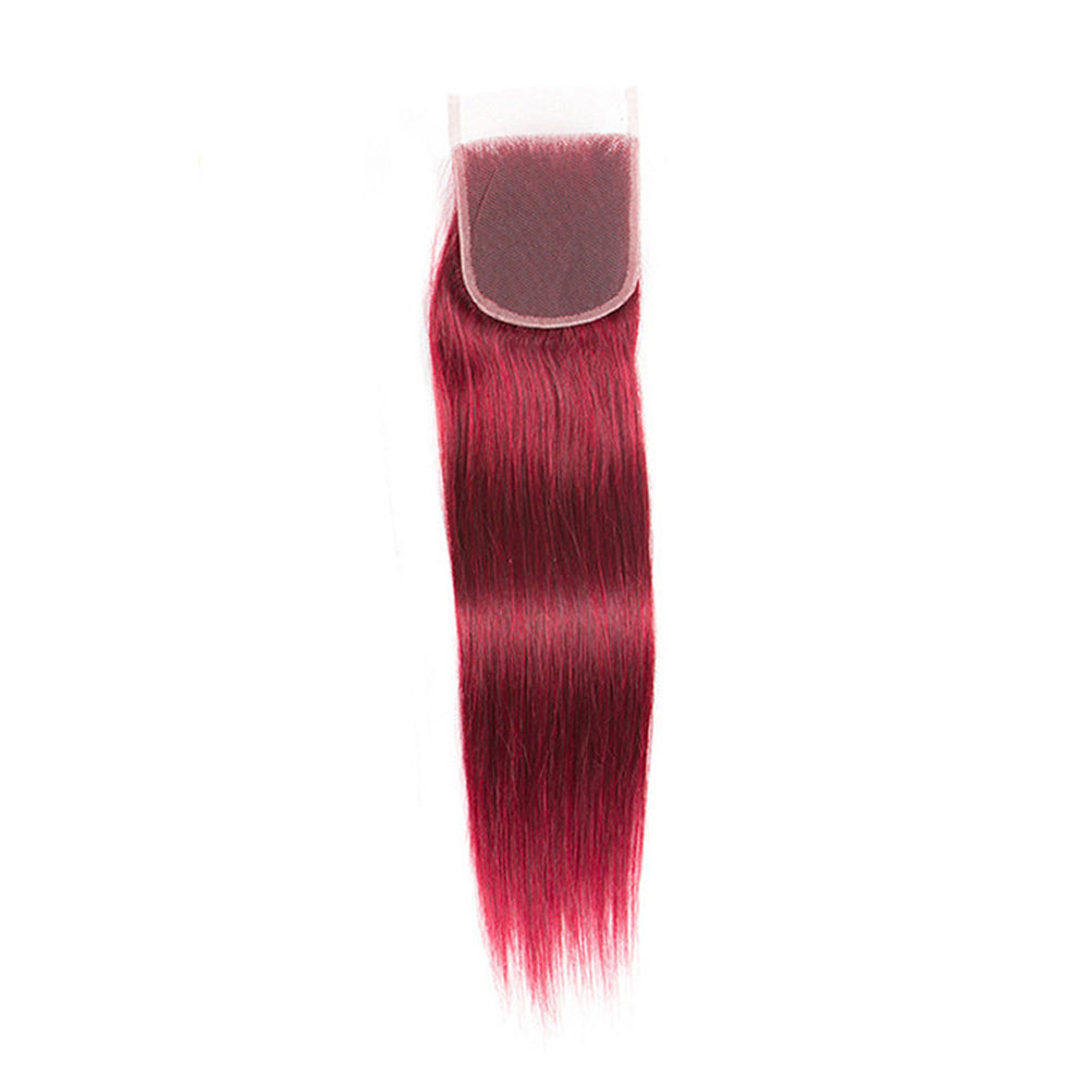 Burgundy Red Straight 4x4 Lace Closure Human Hair, Transparent Multi-Part Lace Closure Virgin Hair For Black Women