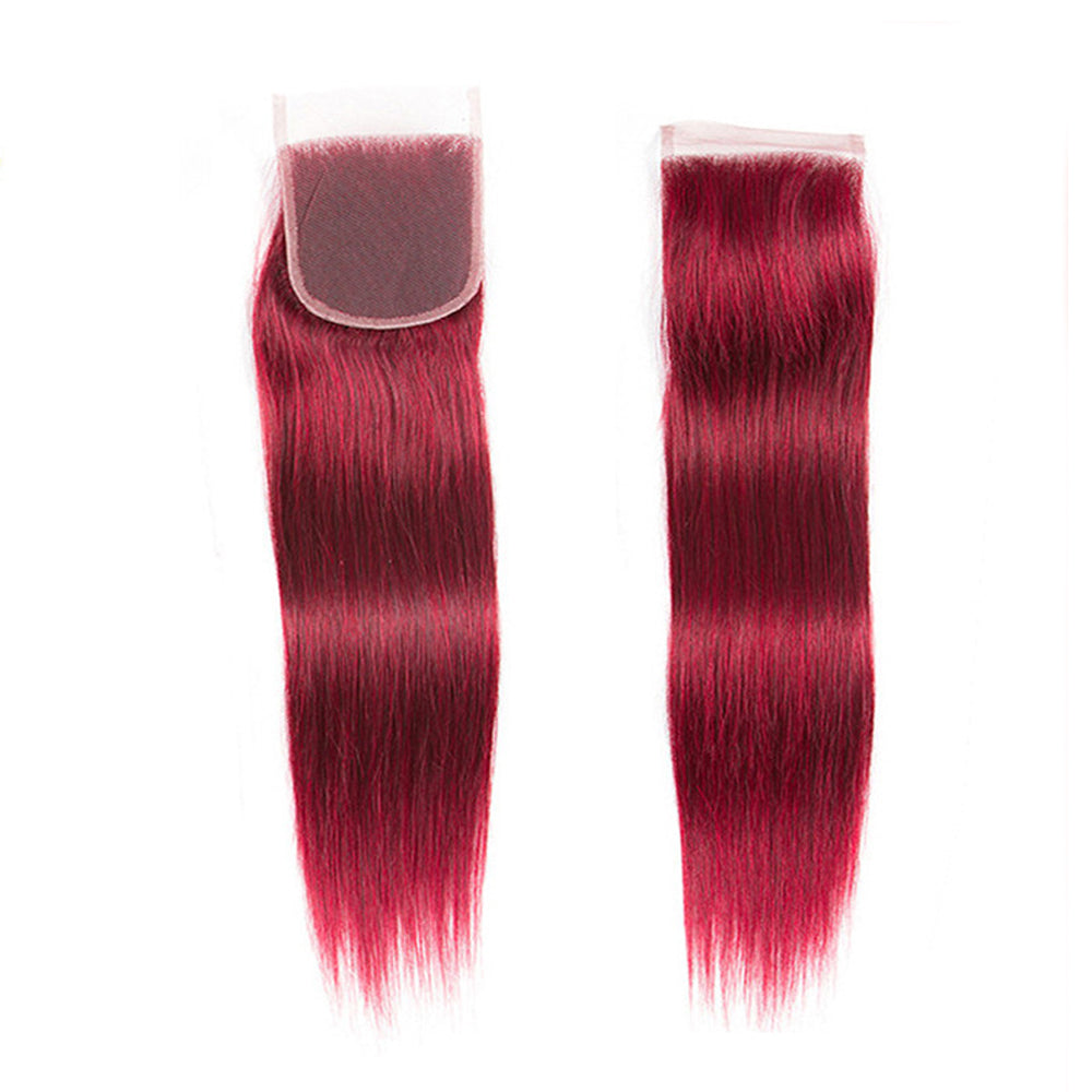 Burgundy Red Straight 4x4 Lace Closure Human Hair, Transparent Multi-Part Lace Closure Virgin Hair For Black Women