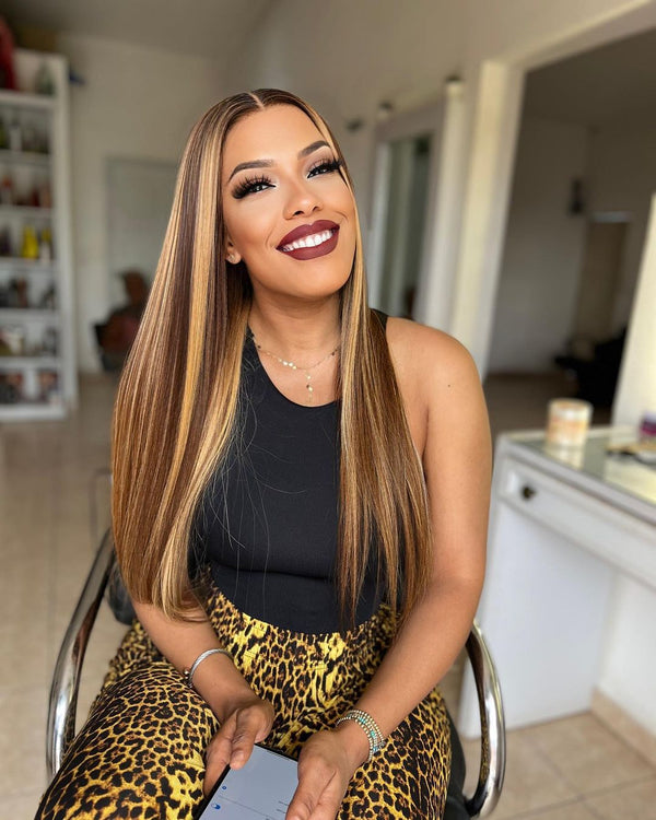 P4/27 Highlight Straight Human Hair 13x4 Transparent Lace Frontal Wigs with Baby Hair Pre-Plucked