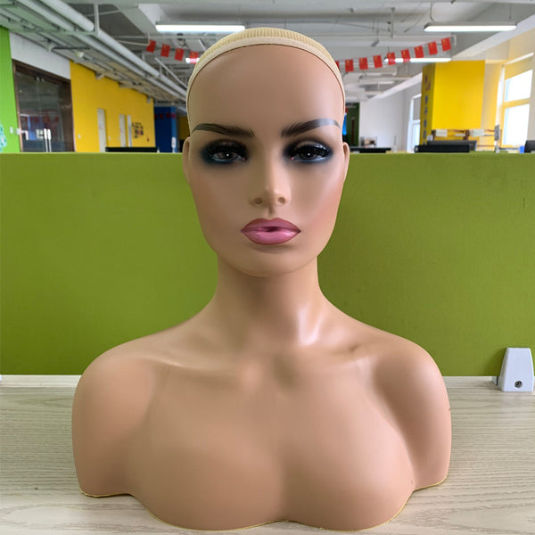 Realistic Female Brown Color Mannequin Head Stand with Pink Lips