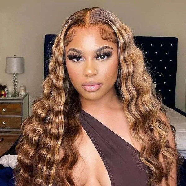 #P4/27 Highlight Deep Wave Human Hair 13x4 Transparent Lace Frontal Wigs with Baby Hair Pre-Plucked